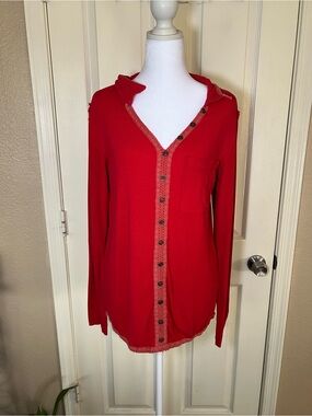 POL Red Ribbed Lace Trim Button Front Henley Tunic Top Boho Size Large